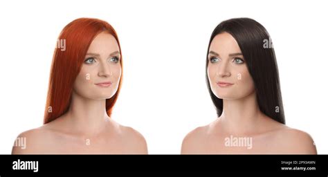 Beautiful Young Woman Before And After Hair Dyeing On White Background