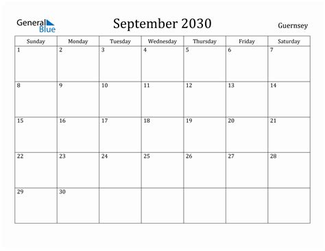 September 2030 Monthly Calendar With Guernsey Holidays