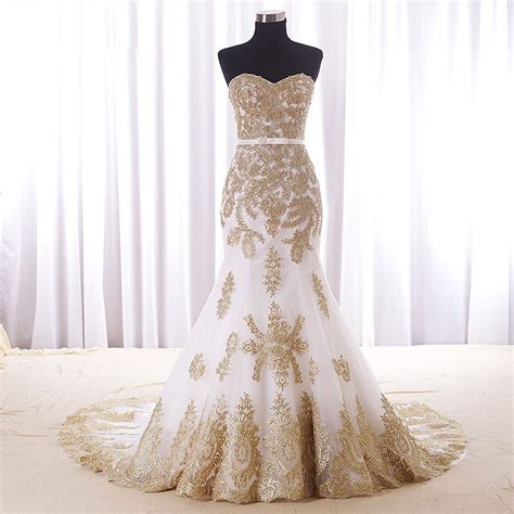 Real Wedding Dressgold Lace Appliques Bridal Dressescourt Train Elegant Mermaid Wedding Dress
