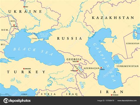 Selim, don ve volga nehirleri arasında bir kanal açarak, karadeniz ile hazar denizi'ni birleştirmek istedi. Karadeniz ve Hazar Denizi bölgesi siyasi harita | Vektörel çizim ©Furian | Vektörel #157908478
