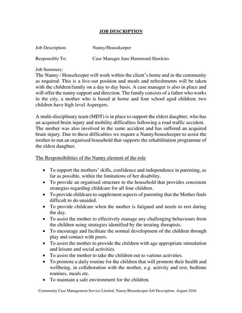 Kostenloses Nanny Housekeeper Job Description