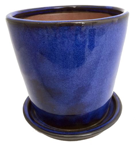 Round Ceramic Planter And Saucer 55 Cobalt Blue