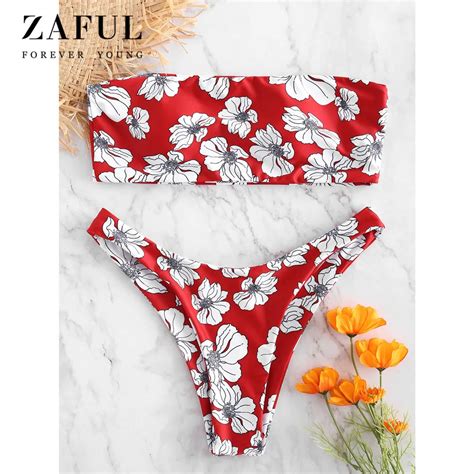 Buy Zaful Bandeau High Leg Floral Print Bikini Set