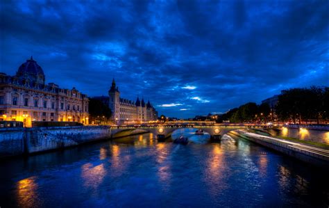 france houses rivers bridges sky paris night street lights canal cities