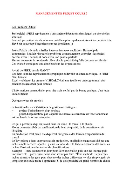 Management DE Projet Cours 2  MANAGEMENT DE PROJET COURS 2 Les