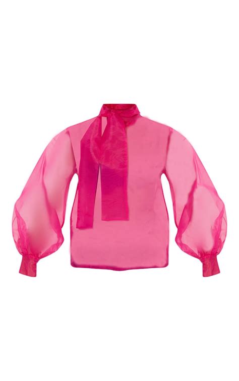 Hot Pink Organza Pussy Bow Blouse Prettylittlething