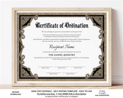 Editable Ordination Certificate Template Printable Certificate Of