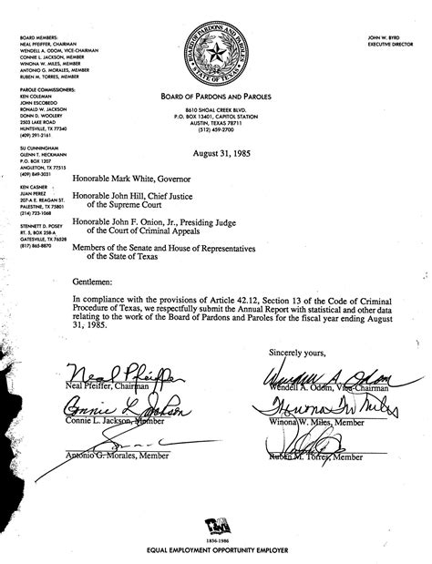 Texas Board of Pardons and Paroles Annual Statistical Report: 1985