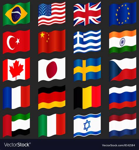 Set Of Popular Country Flags Waving Royalty Free Vector