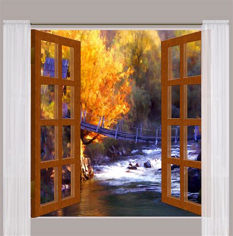 Window View Autumn Scene Of The Creek And Swinging Bridge Painting By