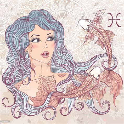 Astrological Sign Of Pisces As A Portrait Of Beautiful Girl Stock