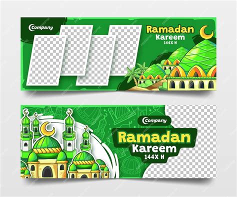 Premium Vector Green Ramadan Kareem Banners With Hand Drawn Mosques