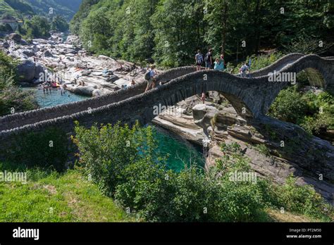Old Stone Bridge Ponte Dei Salti Over River Verzasca At Lavertezzo