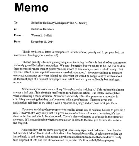 You'd hope a memo from the company president, ceo or an employee's own manager would be read in its entirety by all recipients. Warren Buffett Tells Managers Their Top Priority Is To ...