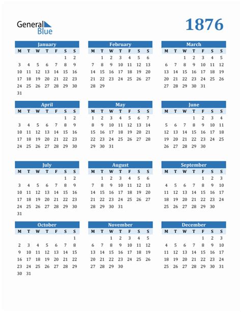 1876 Yearly Calendar Templates With Monday Start