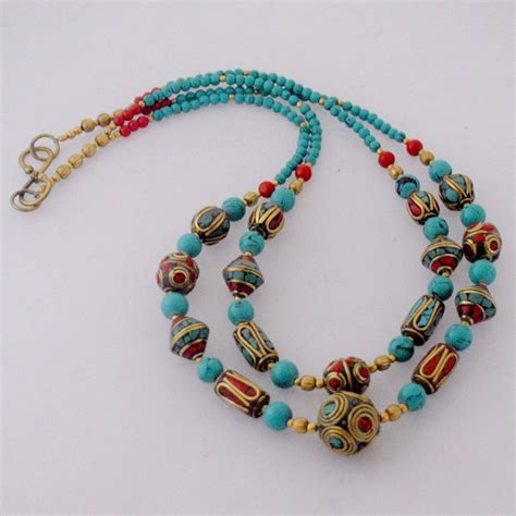 N2346 Coral Turquoise Brass 21 Necklace Tibetan Nepalese Handmade