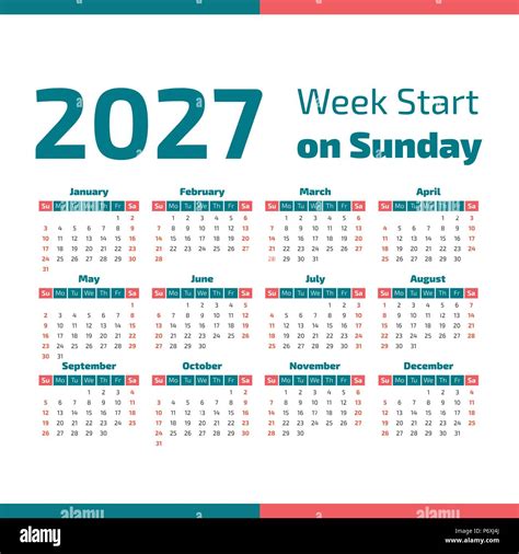 Simple 2027 Year Calendar Week Starts On Sunday Stock Vector Image