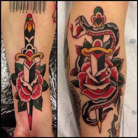 Another approach of the half and half trend of wolf tattoos. Love daggers. | Traditional tattoo, Rose and dagger tattoo ...
