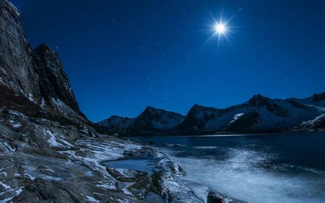 Lakes Landscapes Sky Stars Winter Ice Snow Mountains Moon Nature