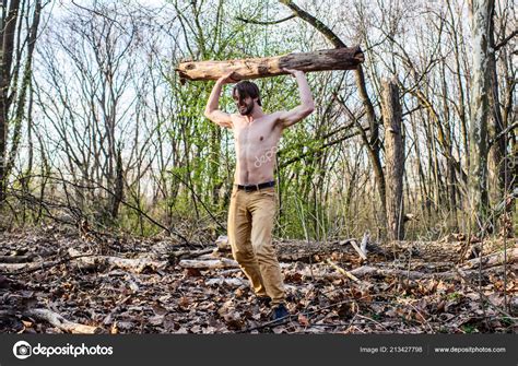 Man Beaded Brutal Sexy Lumberjack Carry Big Heavy Log Masculine