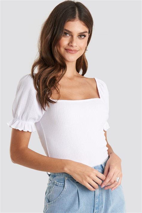 White Puffy Sleeve Top Puff Sleeve Top Long Sleeve Square Neck Top