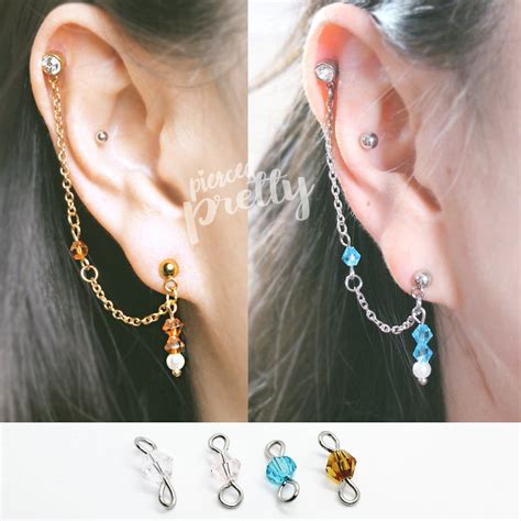 Amber Color Helix To Lobe Gold Chain Earring Pearl Helix Etsy