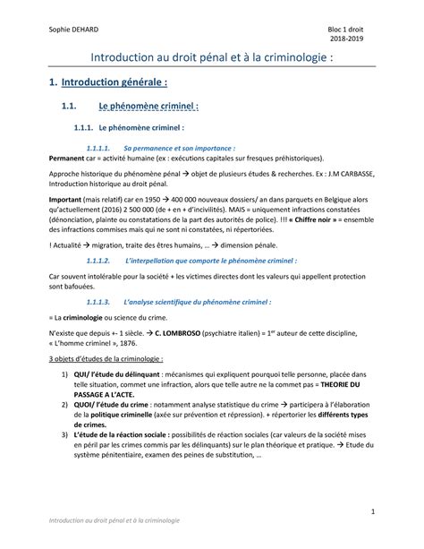 Synthèse Notes Droit Penal Sophie 1 Au Droit Et La Criminologie