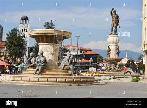 SKOPJE REPUBLIC OF NORTH MACEDONIA AUGUST 25 2018 Statues Fountains And