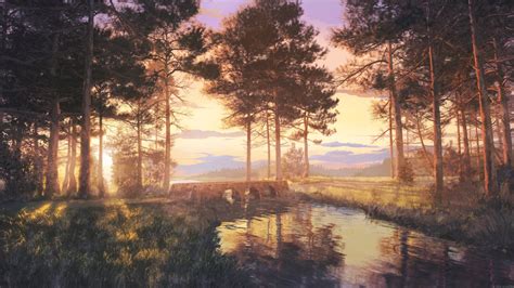 Anime Beautiful Landscape Nature Scan Forest Sunlight Lake Wallpaper
