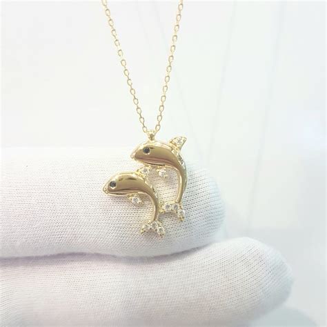 14k Real Solid Gold Double Dolphin Pendant Necklace For Women