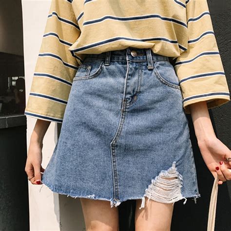 spring and summer korean version of high waisted irregular hole denim skirt personality a