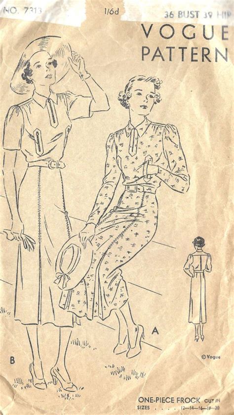 1930s Vintage Vogue Sewing Pattern B36 One Piece Dress Frock 1384