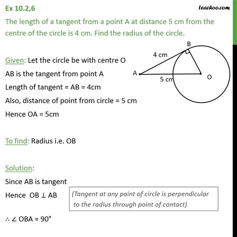 You just have to solve for the inverse tangent of the line in order to get the perpendicular line that passes through the given line as well as the center of the circle. Ex 10.2, 6 - The length of a tangent from a point A at ...