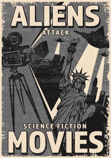 Alien Attack Vintage Poster Monochrome Stock Vector - Illustration of
