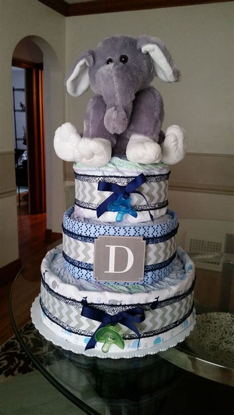 Baby Boy Diaper Cake Made With Receiving Blankets And Ribbon Nappy