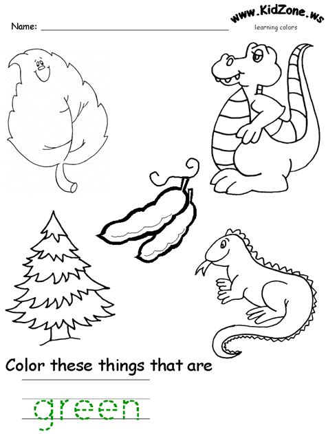 Each coloring page focuses on one color showing the objects of that color in real world. Green