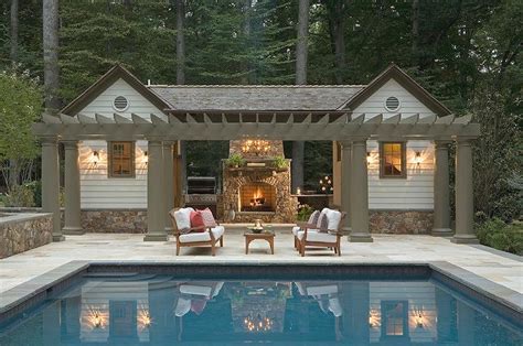 Check spelling or type a new query. Outdoor Kitchen with Stone Fireplace - Transitional - Pool