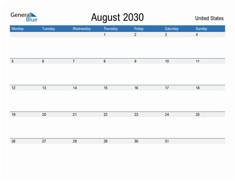 Editable August 2030 Calendar With United States Holidays