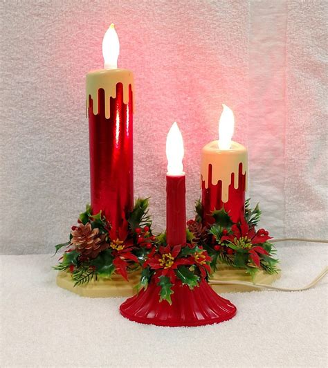 Christmas Drippy Candle Electric Set Tabletop Poinsetta Pine Etsy