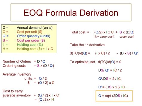 It's a formula that allows you to calculate the ideal quantity of inventory to order for a given product. EOQ DERIVATION PDF