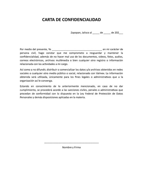 Carta DE Confidencialidad CARTA DE CONFIDENCIALIDAD Zapopan Jalisco