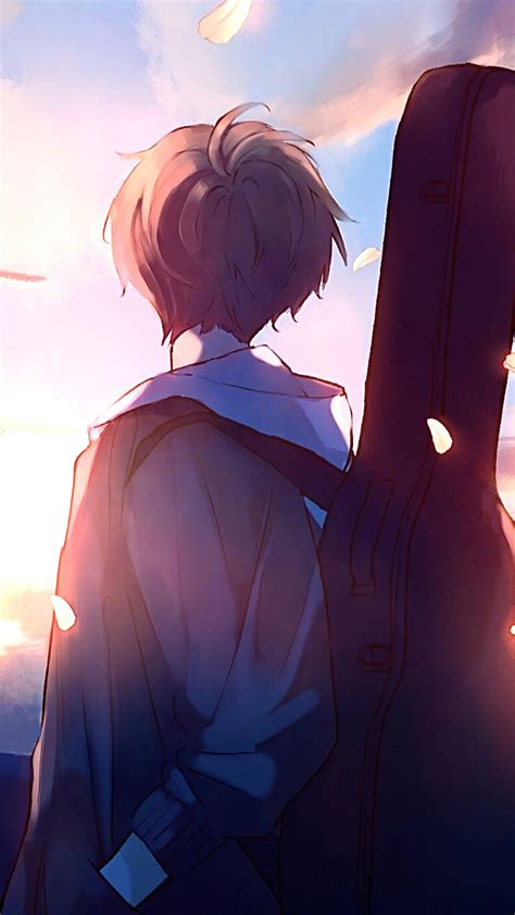 Anime Boy Guitar Sunset Road