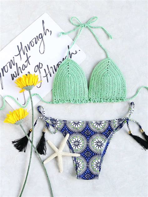 Printed Tassel Tie Crochet Bikini Set Sheinsheinside