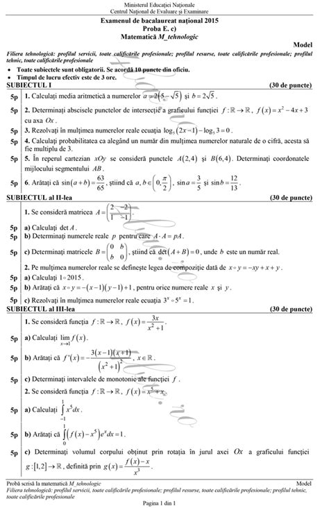 Profilul servicii, toate calificările profesionale; Modele de subiecte 2015 Matematica M2 Profil Tehnologic