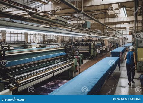 Textile Factory With Workers Operating Machines And Producing Fabrics