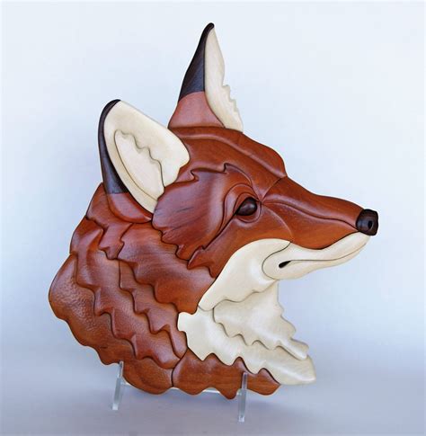 Fox Head Intarsia Wall Hanging Wooden Animal Wood Carving Red
