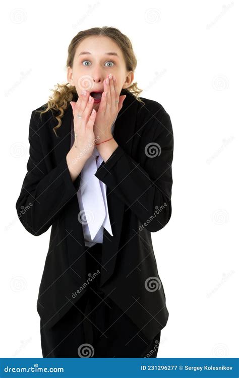 Happy Astonished Student Girl In Formal Black Suit Stock Image Image