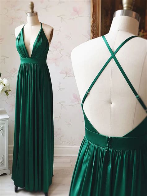 V Neck Emerald Green Backless Prom Dresses Backless Green Formal Even