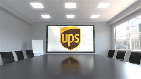 United Parcel Service Ups Logo On The Screen In A Meeting Room