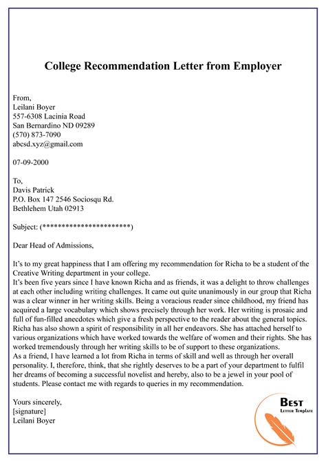 Recommendation Letter For College